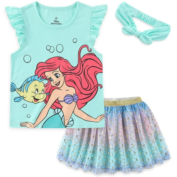 Disney Ariel Little Mermaid Short Sleeve Shirt and Tulle Tutu Skirt with Headband (Girls), 3 Piece Set, Sizes 2T-10