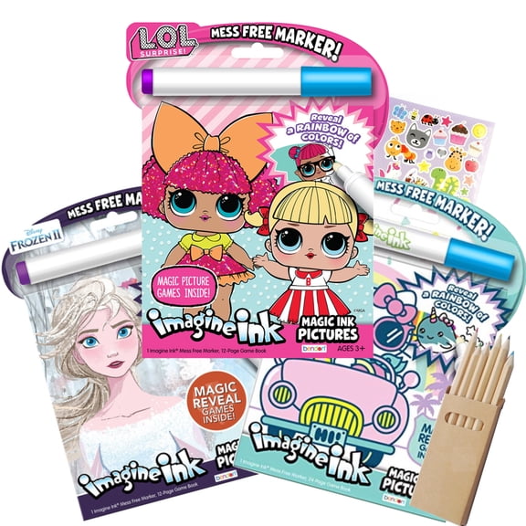 Disney Magic Ink Coloring Book Set -- Bundle of 3 Imagine Ink Books for Girls Kids Toddlers Featuring Disney LOL Frozen & Hello Kitty with Invisible Ink Pens With Pencils & Stickers
