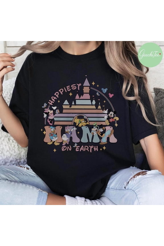 Disney Mama Shirt, Retro Disney Happiest Mama On Earth Tshirt, Disney Mom Tee, Gift For Mom, Disney Castle Mother's Day Shirt,Black Color,Size L