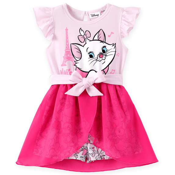Disney Marie Girls Romper Dresses Bow Paris Eiffel Cat Graphic Pink Elegant Tulle Skirt Summer Outfit Kids 5-6Y