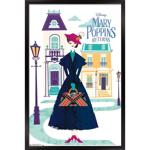 Disney Mary Poppins Returns - Illustrated Mary Wall Poster, 14.725" x 22.375", Framed
