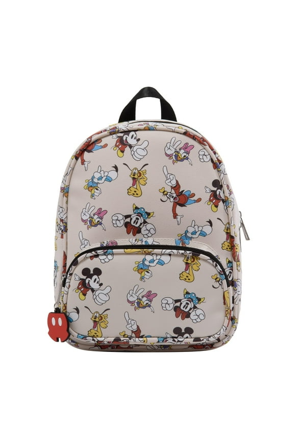 Mickey, Minnie, & Friends Mini Backpack with Allover Print & Molded Iconic Mickey Pants Dangle, 10.5 Inches, Adjustable Straps, Faux Leather