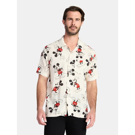 Disney Men's and Big Men's Mickey Mouse Wander Graphic Button-Up Shirt, Sizes XS-3XL