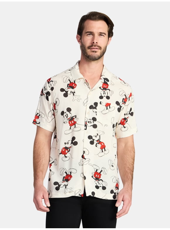 Men's and Big Men's Mickey Mouse Wander Graphic Button-Up Shirt, Sizes XS-3XL