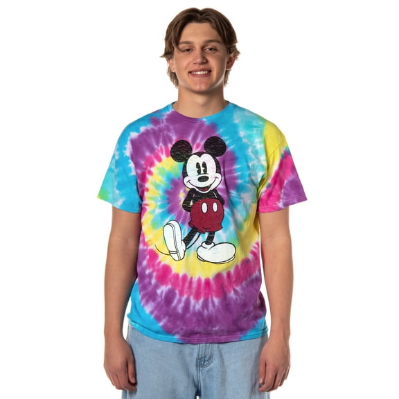 Disney Men's Mickey Mouse Classic Pose Distressed Graphic Print Spiral Tie-Dye Adult Cotton Short Sleeve T-Shirt