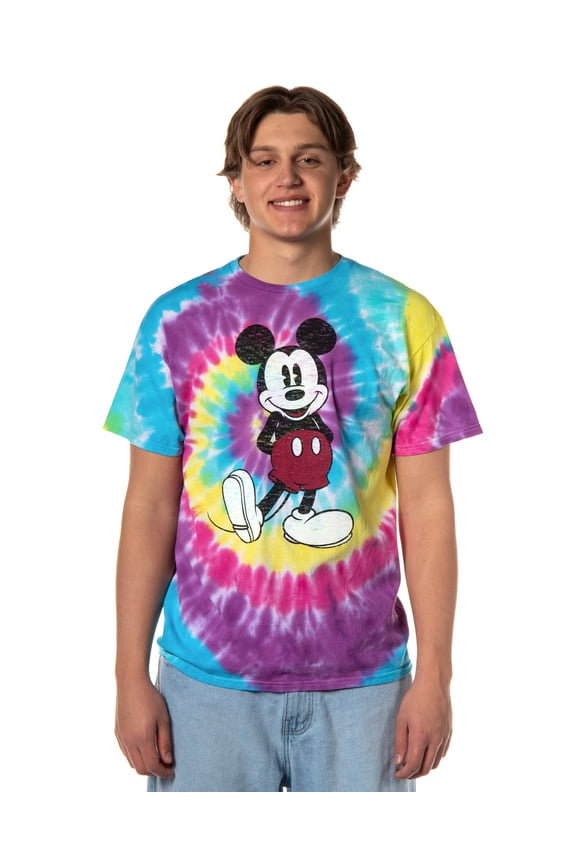 Disney Men's Mickey Mouse Classic Pose Distressed Graphic Print Spiral Tie-Dye Adult Cotton Short Sleeve T-Shirt