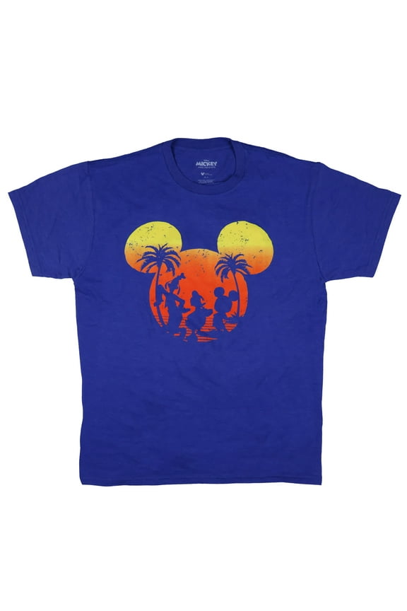 Disney Men's Mickey Mouse Donald Duck and Goofy Tropical Sunset Silhouette Adult Short Sleeve Tee