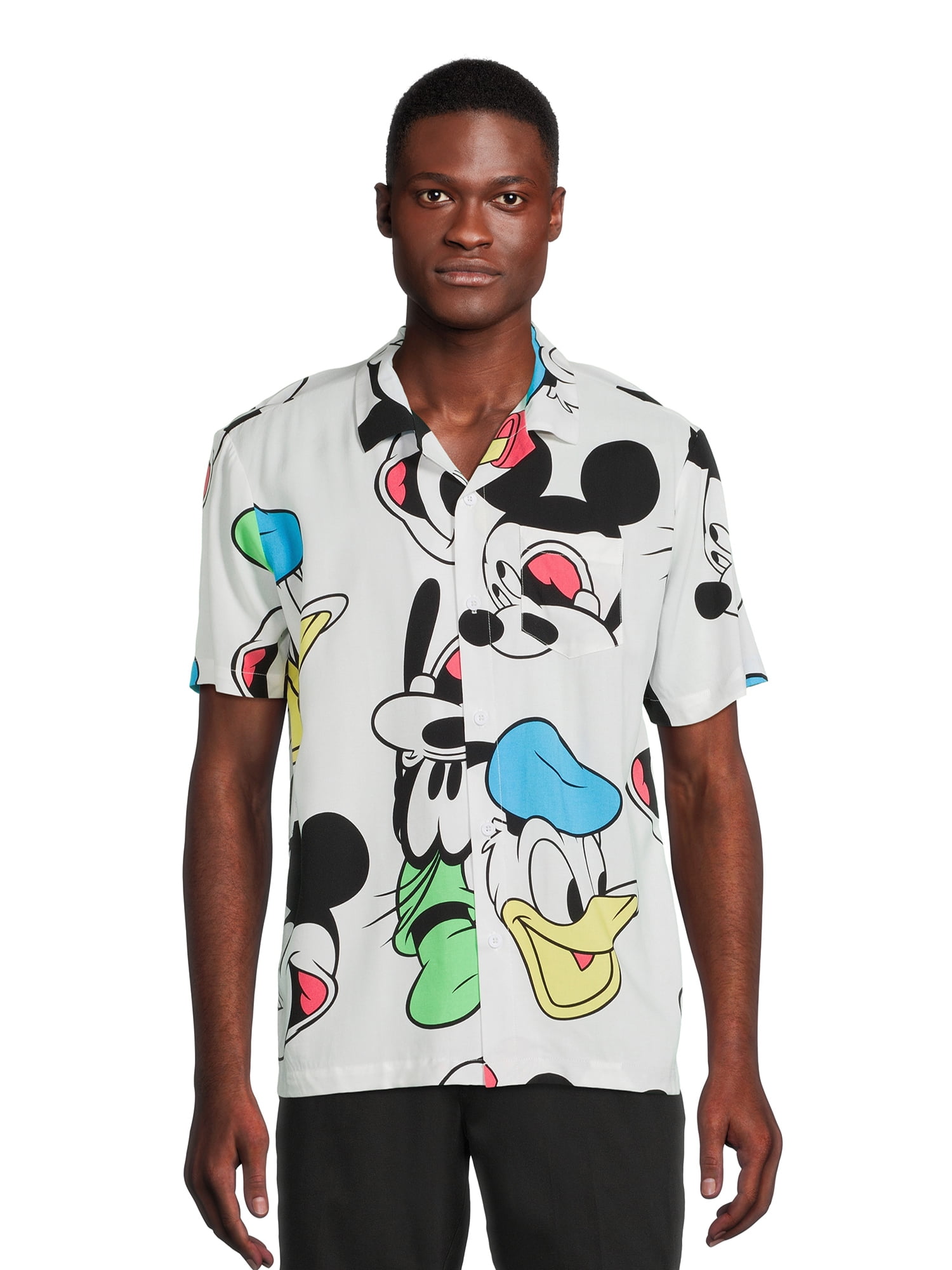 Disney Mickey Men's Oversized Faces Graphic Button Up Shirt, Size S-3XL 