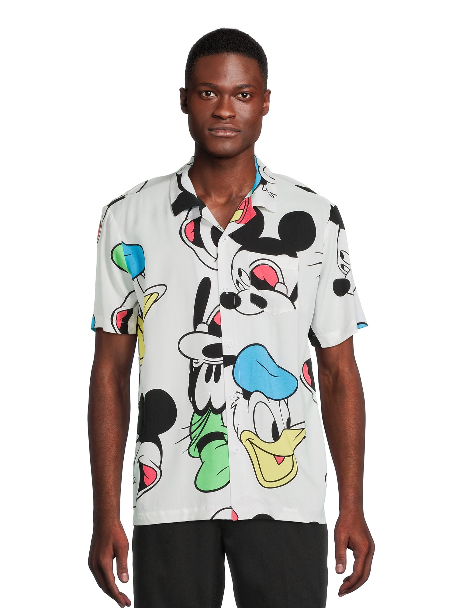 Disney Mickey Men's Oversized Faces Graphic Button Up Shirt, Size