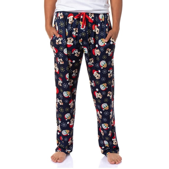 Disney Men's Mickey and Friends Santa Hat AOP Holiday Design Adult Lounge Sleep Pajama Pants with Elastic Waistband