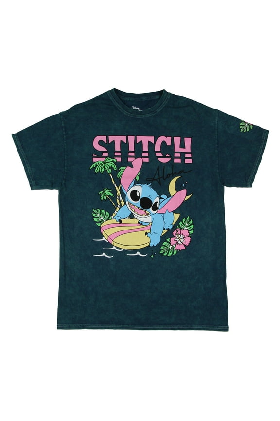 Disney Men's Stitch The Movie Aloha Stitch Acid-Washed Graphic Print Adult T-Shirt
