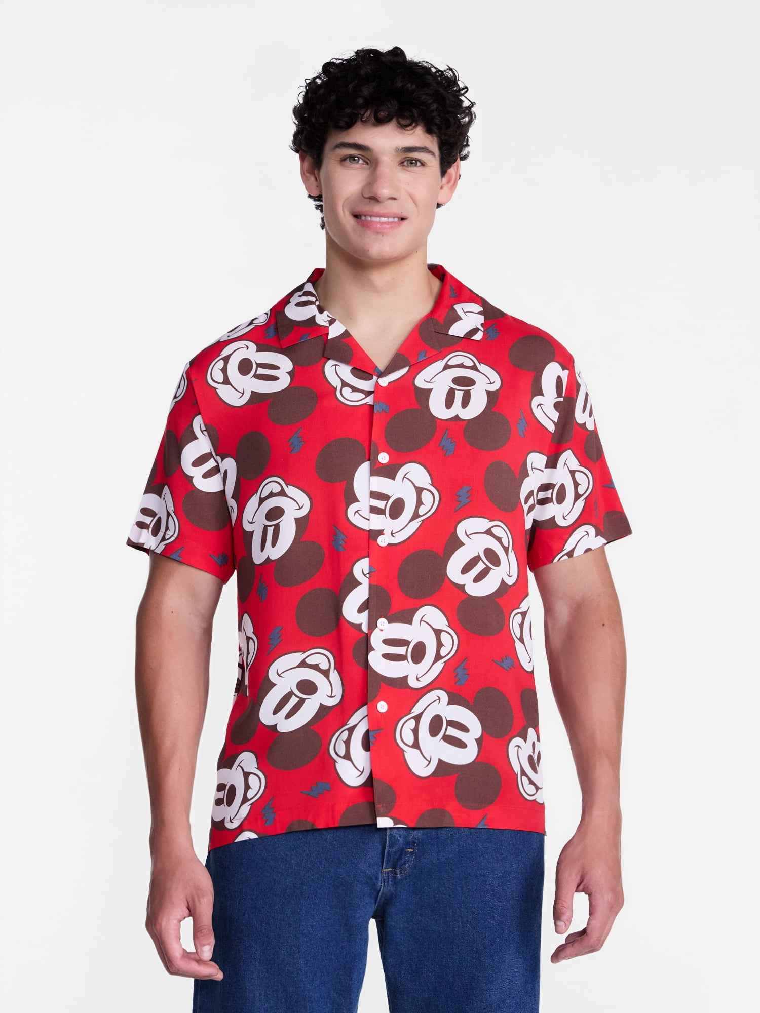 Disney Men's and Big Men's Lightning Mickey Graphic Button Up Shirt with Short Sleeves, Sizes S-4XL