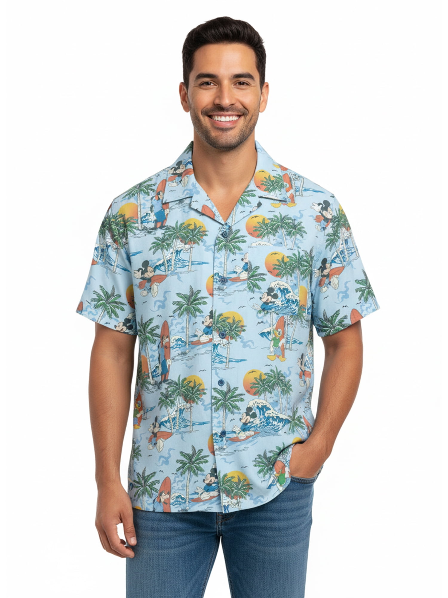 Disney Men's and Big Men's Mickey Aloha Graphic Button Up Shirt with Short Sleeves, Sizes S-4XL