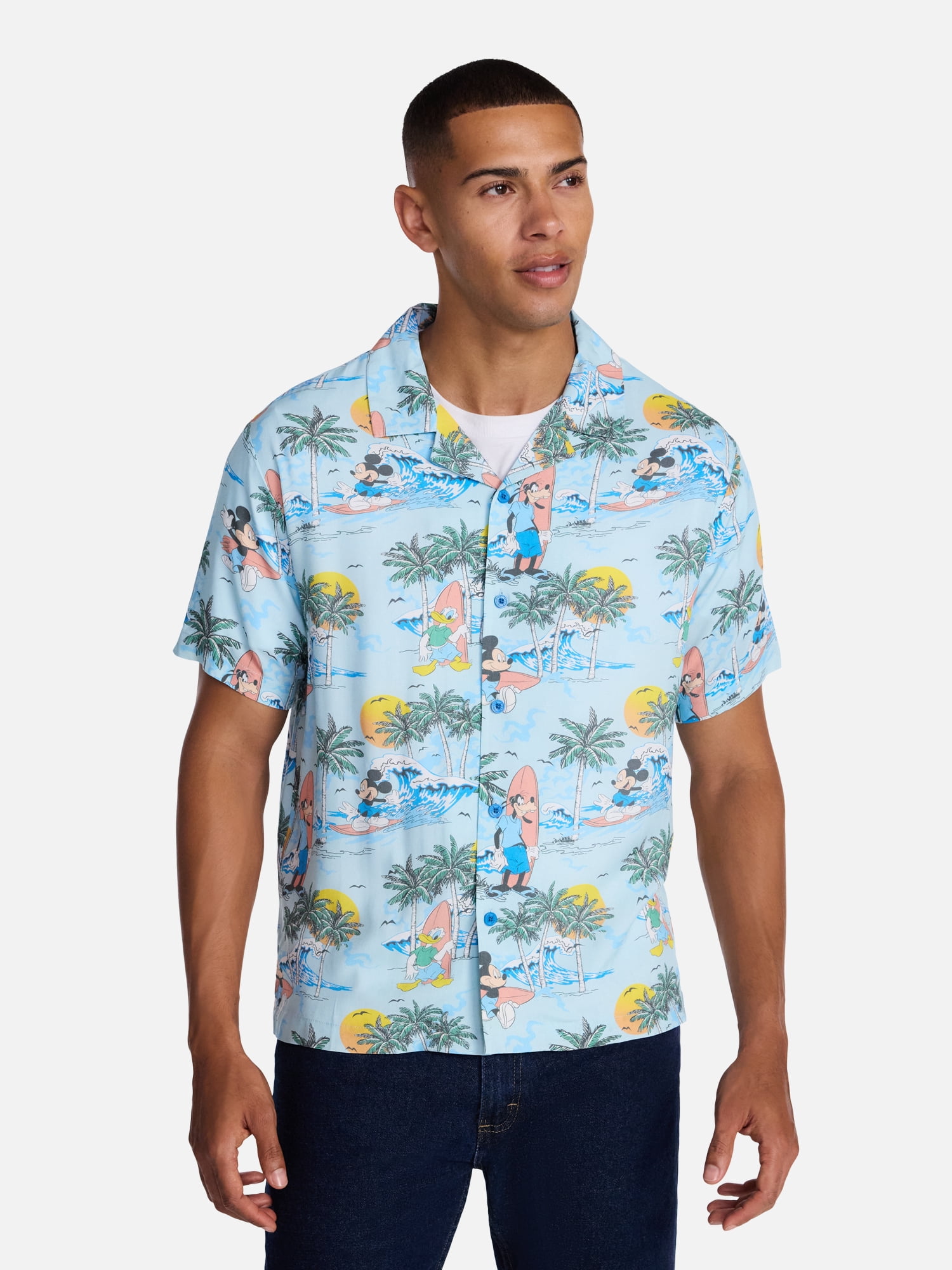 Disney Men's and Big Men's Mickey Aloha Graphic Button Up Shirt with Short Sleeves, Sizes S-4XL