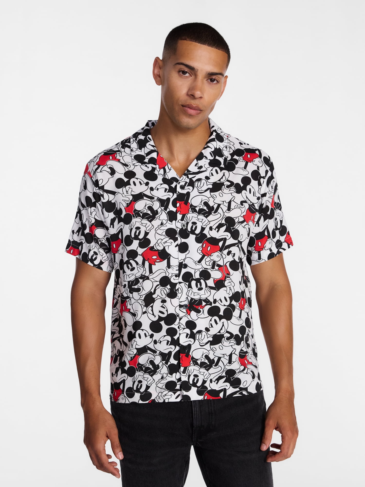 Disney Men's and Big Men's Mickey Crowd Graphic Button Up Shirt with Short Sleeves, Sizes S-4XL