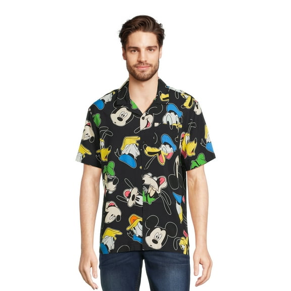 Disney Men’s and Big Men’s Mickey Mouse Friends Graphic Button Up Shirt with Short Sleeves, Sizes XS-3XL