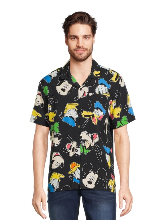 Men’s and Big Men’s Mickey Mouse Friends Graphic Button Up Shirt with Short Sleeves, Sizes XS-3XL
