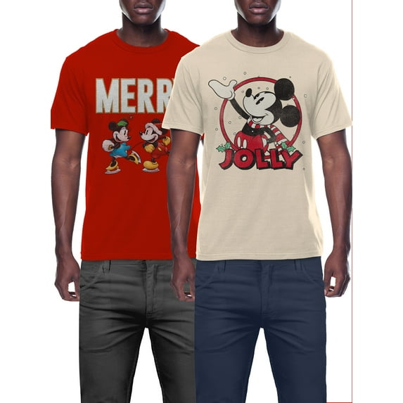 Disney Men's & Big Men's Christmas Holiday Merry & Jolly Mickey Mouse Graphic Tee Shirts, 2-Pack, Sizes S-3XL