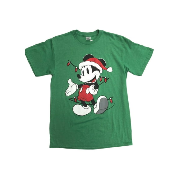 Disney Mens Green Mickey Mouse Christmas Lights Holiday T-Shirt Tee Shirt Small