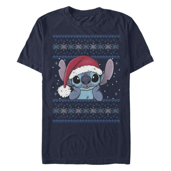 Disney Mens Lilo Stitch Holiday Stitch Wearing Santa Hat T-Shirt X-Large Navy Blue