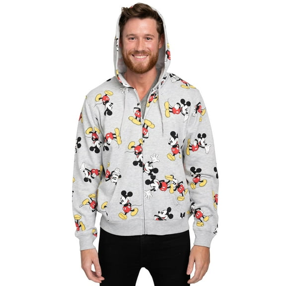 Disney Mens Mickey Mouse Zip Up Hoodie All-Over Print Sweatshirt Heather Gray