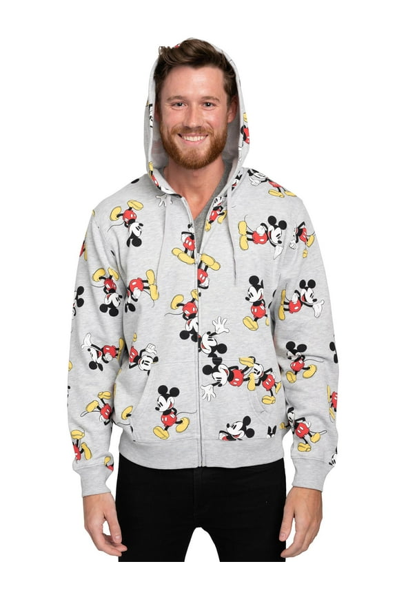 Mens Mickey Mouse Zip Up Hoodie All-Over Print Sweatshirt Heather Gray