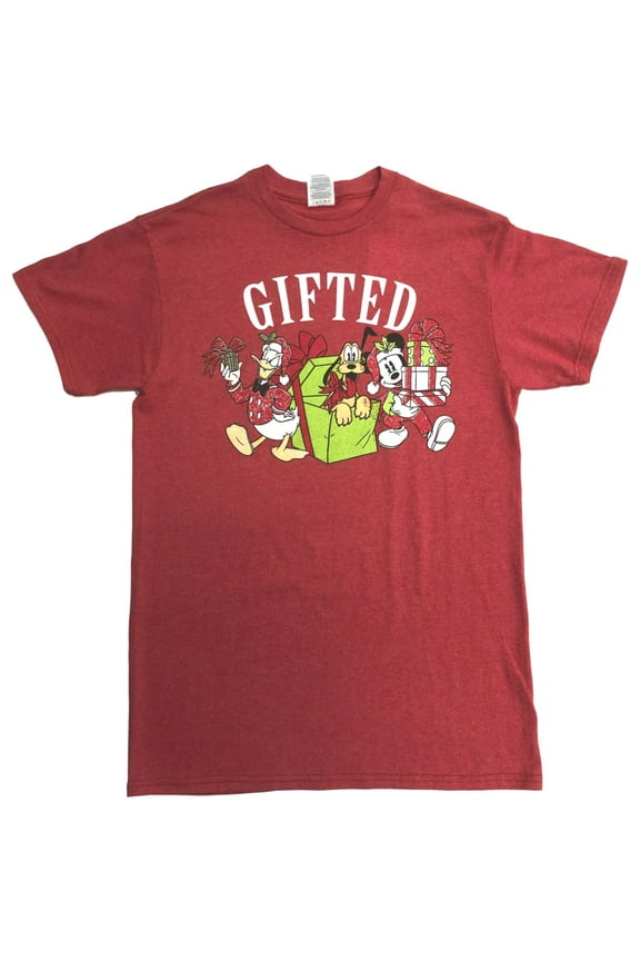Mens Red Mickey Mouse Donald Duck Pluto Christmas Holiday T-Shirt Small