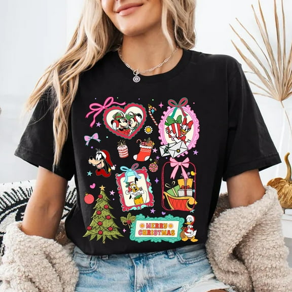 Disney Merry Christmas Shirt, Coquette Mirror, Disney Mickey & Friends Christmas Shirt, Disneyland Xmas Family Holiday Shirt,Black Color,Size XL