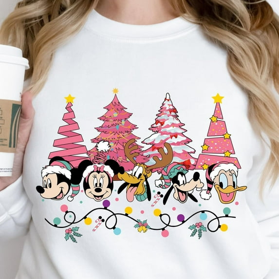 Disney Mickey And Friends Disney Holiday Sweatshirt, Mickey'S Very Merry Pink Holiday Tree Sweatshirt, Disney Holiday Sweatshirt, S-5XL Sweatshirt