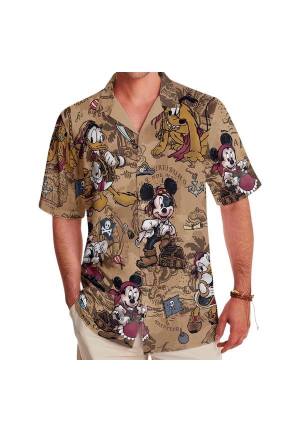 Disney Mickey And Friends Pirates Hawaiian T-shirt, Pirates Of The Caribbean Hawaii Tee, Mickey Minnie Print Button Tee, Summer Beach Tee