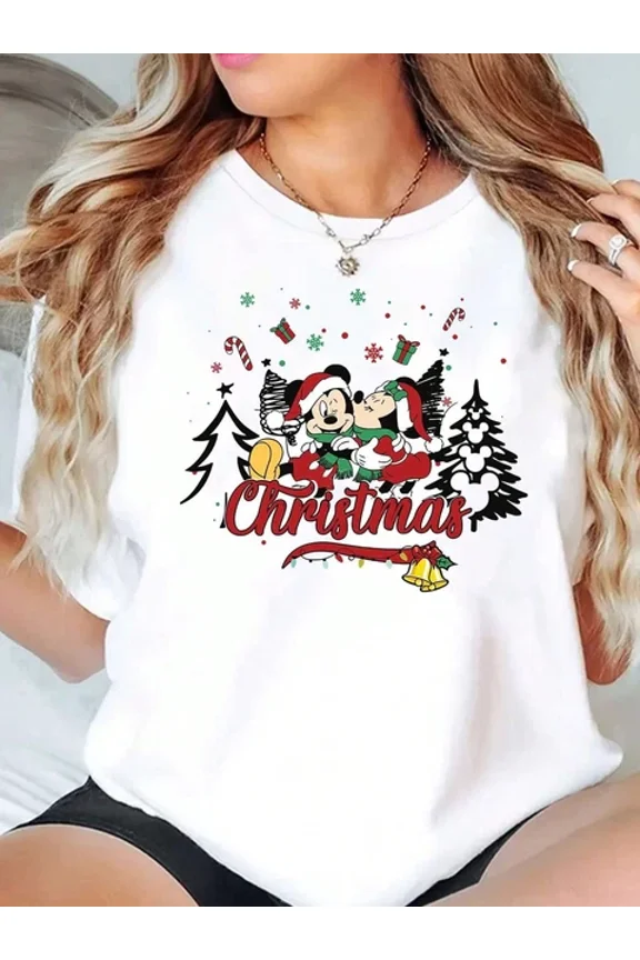 Disney Mickey And Minnie Christmas T-Shirt Unisex ,White Color,Size L