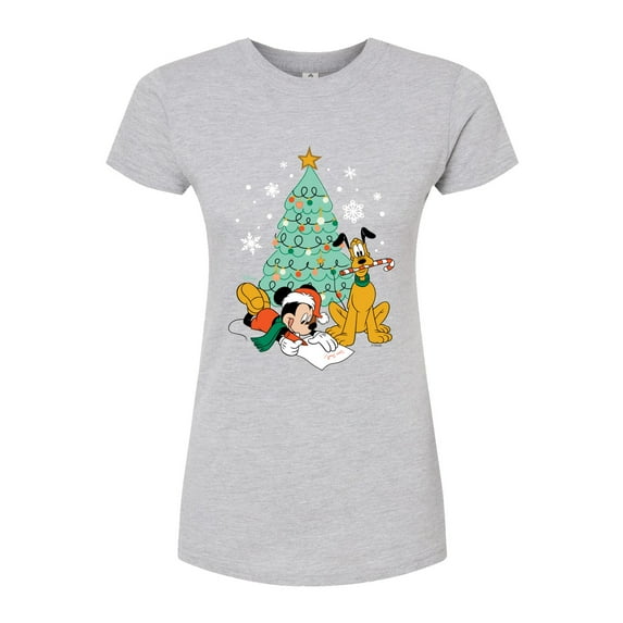 Disney - Mickey And Pluto Xmas Tree - Juniors Fitted Graphic T-Shirt