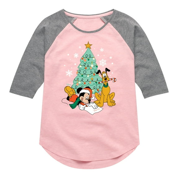 Disney - Mickey And Pluto Xmas Tree - Toddler & Youth Girls Raglan Graphic T-Shirt