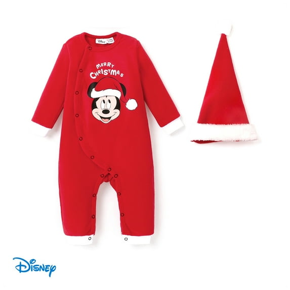 Disney Mickey Baby Girls Boys Bodysuits with Christmas Hat 2Pcs Gifts Set Polarfleece Romper Newborn to Infant