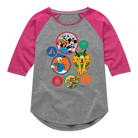 Disney - Mickey & Crew Camping Badges - Toddler & Youth Girls Raglan Graphic T-Shirt
