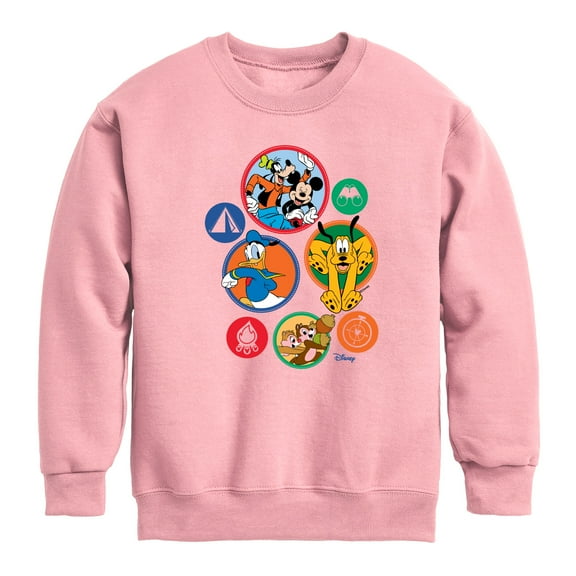 Disney - Mickey & Crew Camping Badges - Youth Crewneck Fleece Sweatshirt