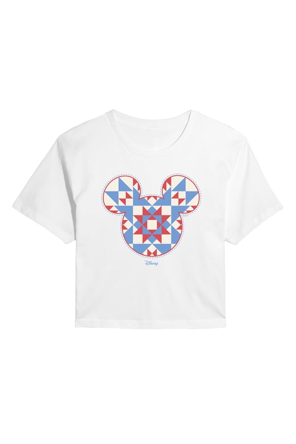 - Mickey Ears Quilt - Juniors Cropped Short Sleeve Graphic T-Shirt