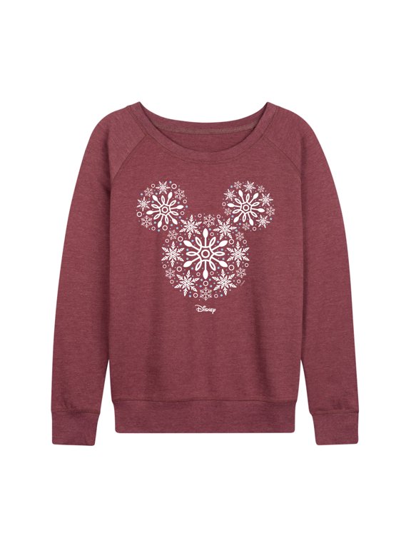 - Mickey Ears Snowflakes Women's Lightweight French Terry Wide Neck Long Sleeve Graphic Shirt