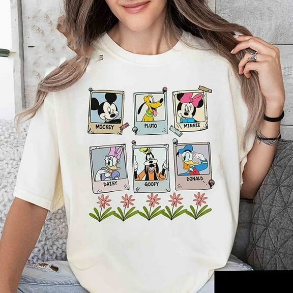 Disney Mickey Flower Shirt, Goofy, Minnie, Mickey, Donald Duck, Pluto, Daisy ,Natural Color,Size L