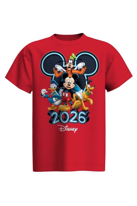Mickey & Friends 2026 Red Youth Tee Shirt, XS - XL (Boy's)