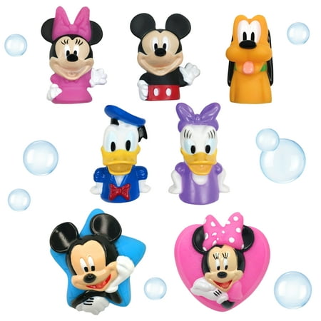Disney Mickey & Friends 7 Piece Finger Puppet & Squirter Bath Set, Toddler Unisex Bath Toys