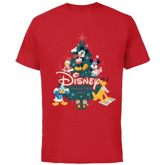 Disney Mickey & Friends Christmas Holiday Family Trip 2024 - Short Sleeve Cotton T-Shirt for Adults - Customized-Red
