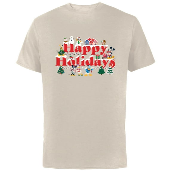 Disney Mickey & Friends Christmas Snow-Capped Happy Holidays - Short Sleeve Cotton T-Shirt for Adults - Customized-Natural