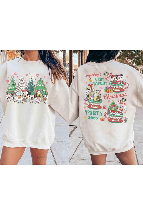 Disney Mickey And Friends Christmas Tree Sweatshirt, Mickey's Very Merry Christmas Party 2025 Shirt, Disneyland Family Christmas Gifts Sweater,Sand Color,Size 3XL