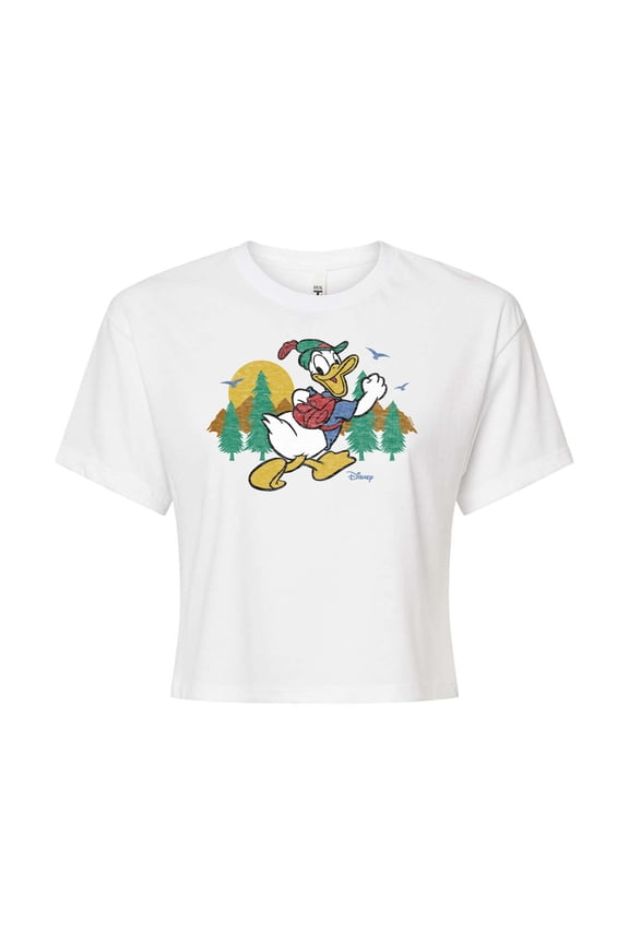 - Mickey & Friends - Donald Duck Happily Going on a Hike - Juniors Cropped Cotton Blend T-Shirt