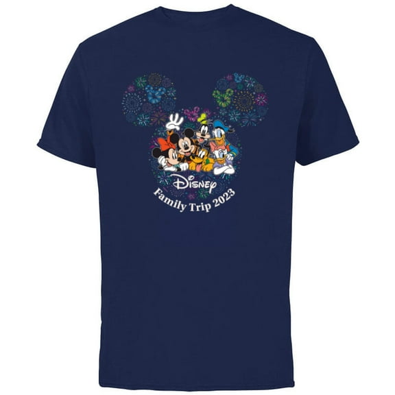 Disney Mickey & Friends Family Trip 2023 Vacation Fireworks - Short Sleeve Cotton T-Shirt for Adults - Customized-Navy