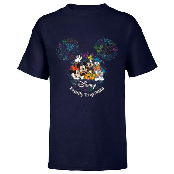 Disney Mickey & Friends Family Trip 2023 Vacation Fireworks - Short Sleeve T-Shirt for Kids - Customized-Navy