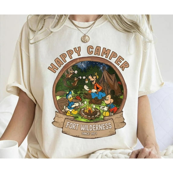 Disney Mickey and Friends Fort Wilderness Happy Camper T-Shirt, WDW Campground Tee Disneyland Family Matching, Family Camping Matching Tee,N atural color,size 3XL