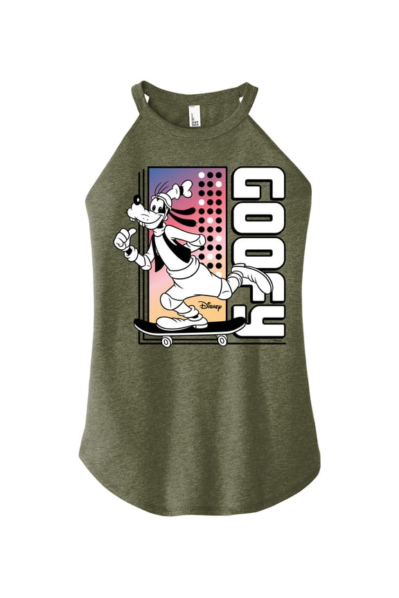 - Mickey & Friends - Goofy Skating - Retro Style - Juniors High Neck Tank Top