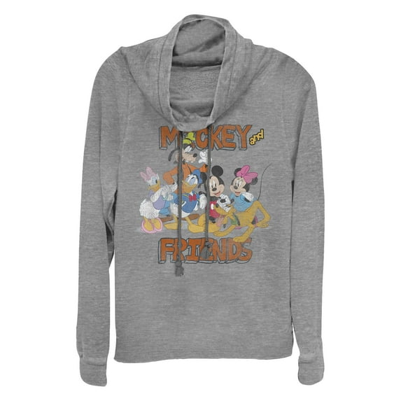 Junior's Mickey & Friends Distressed Group Shot Cowl Neck Sweatshirt